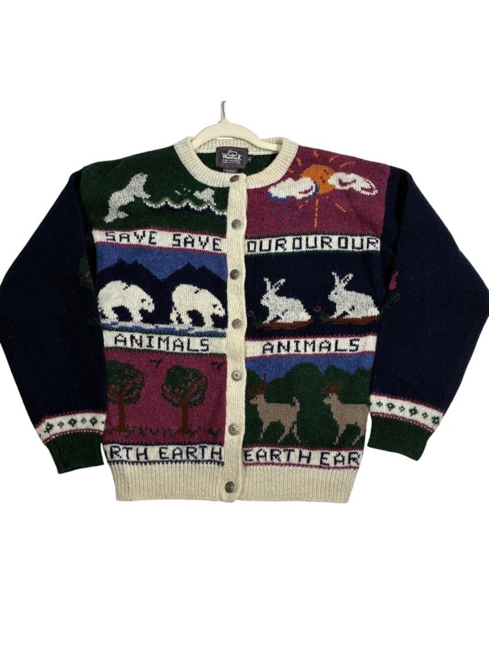 Vintage Woolrich Womens wool Knit novelty Cardigan Button Front & Nature Print S